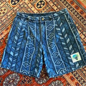 Vintage Lunch Break Men’s 34 Blue Denim Shorts Geometric Pattern 90’s Jean Pants